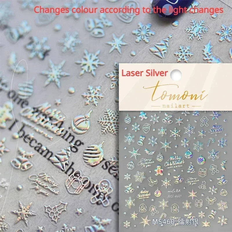 Dressy Embossment Colorful Gradient Snowflakes Laser Silver Christmas Tree Winter Bowknot Santa Nail Art Stickers Manicure Decal (Online Order Only)
