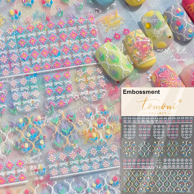 Yellow Purple Mini Flower White Lace Bowknot Flower Bouquet Spring 5D  Adhesive Nail Art Decoration Stickers DIY Manicure Decals (ONLINE ORDER ONLY)