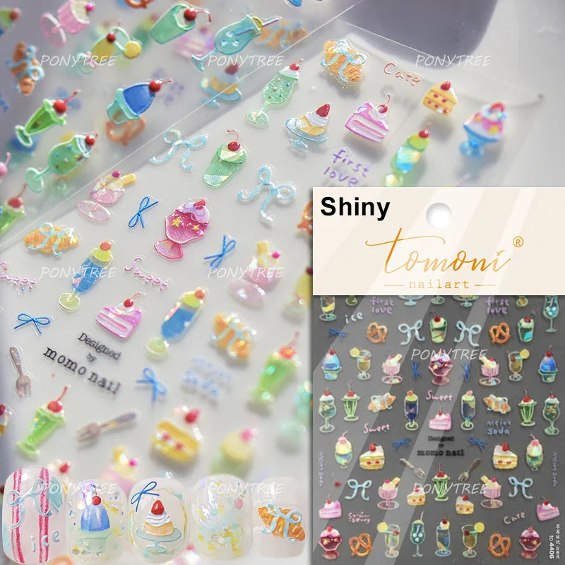 Lovely Green Pink Cherry Pudding Claw Paw Love Heart Bowknot Soft Embossed Reliefs Adhesive Nail Art Stickers Manicure Decals (ONLINE ORDER ONLY)