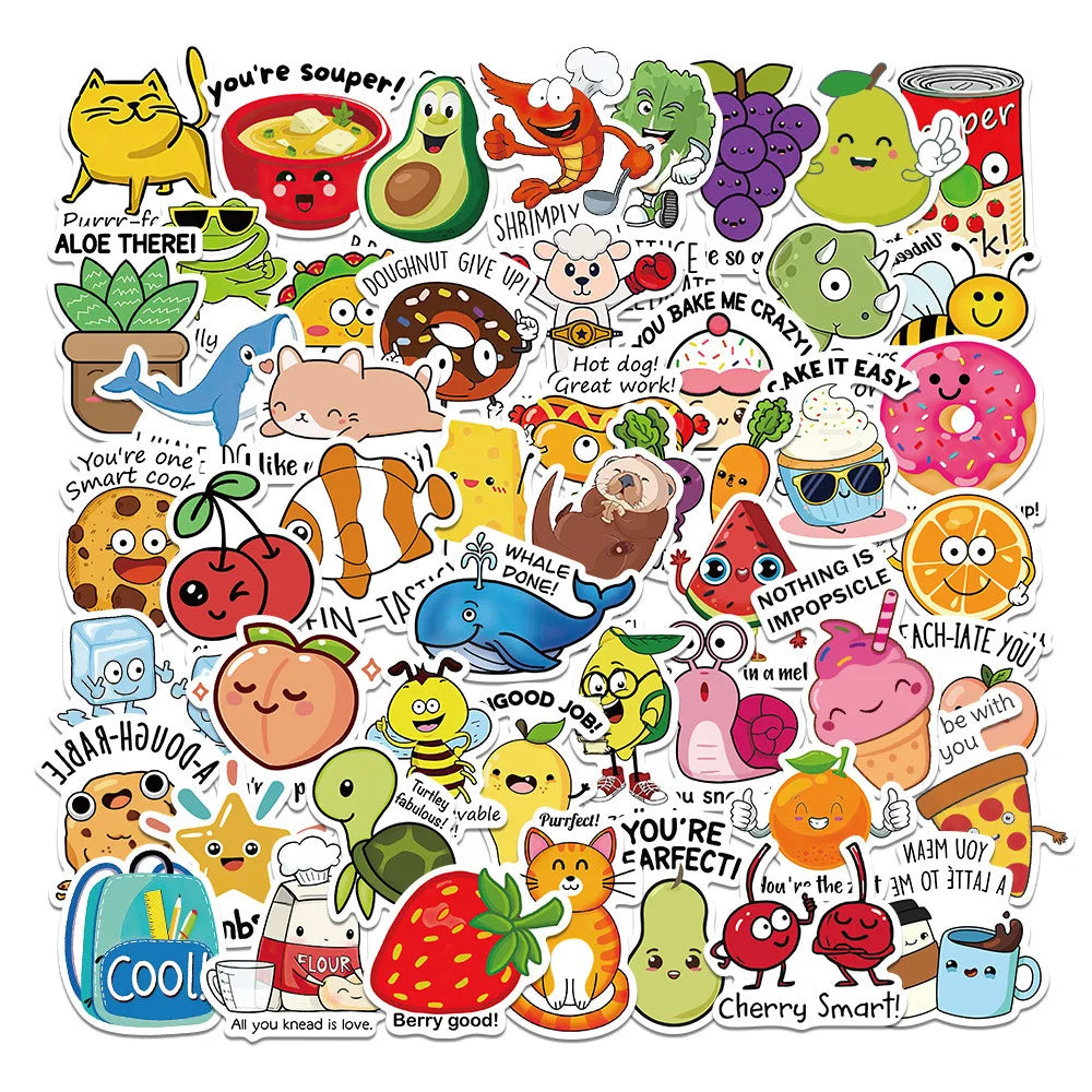 10/30/50PCS Educational Stickers for Kids Cartoon Animal Food Graffiti Sticker DIY Luggage Laptop Phone Bike Skateboard Kids Toy (Online Order Only)