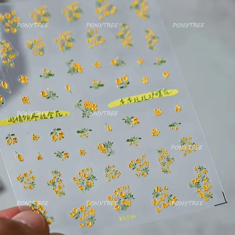 Field Bouquet Canola Flowers Daisy Tulip Garden Lavender Spring Embossed Reliefs Self Adhesive Nail Art Stickers Manicure Decals (ONLINE ORDER ONLY)