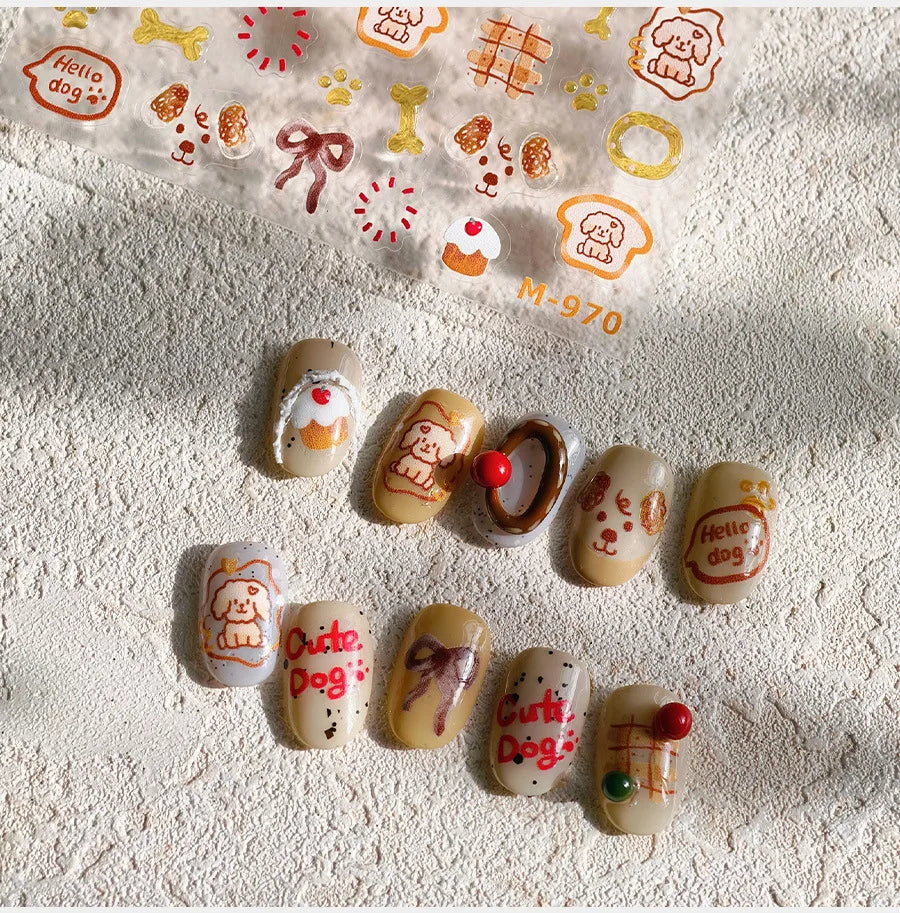 Lovely Dog Bone Bowknot Bread Graffiti Cake Cherry 3D Line Paw Adhesive Nail Art Stickers Cute Cartoon Manicure Decals Wholesale (ONLINE ORDER ONLY)