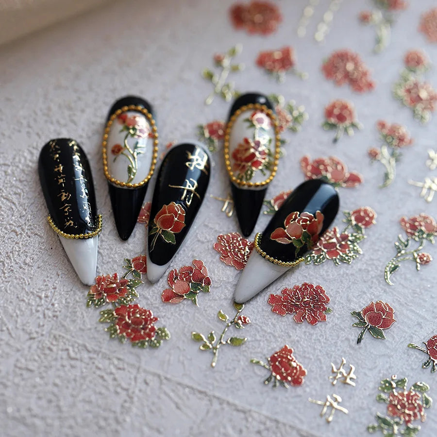 Retro Chinese Characters Charming Rich Peony Delicate Rose Flowers Soft Relief Adhesive Nail Art Stickers Chic Manicure Decals (ONLINE ORDER ONLY)