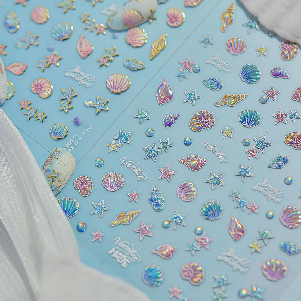 Shiny Colourful Marine Shell Starfish Ocean Elements Star Water Bubbles Star Conch Underwater Nail Art Stickers Manicure Decals (ONLINE ORDER ONLY)