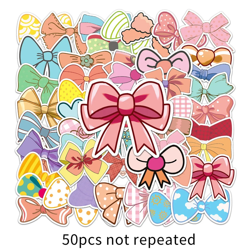 50pcs Cute Cartoon Bow Stickers for Helmet, Wall, DIY Decoration (Online Order Only)