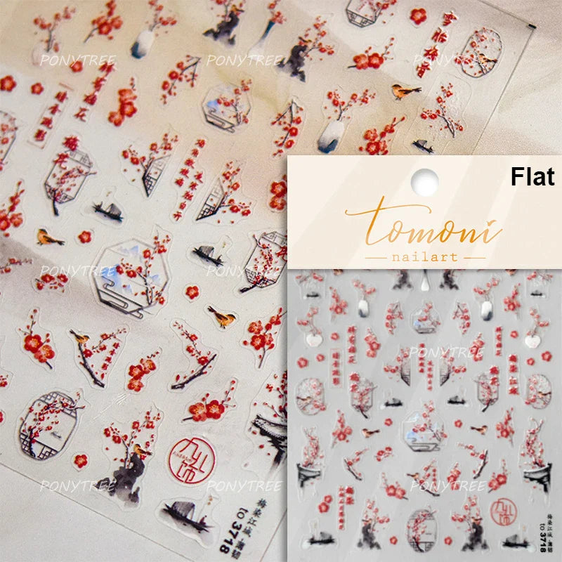 Romantic Pink Peach Blossom Tower Circular Fan Hollowed Window Tassel Pendant Antique Tree Chic Nail Art Stickers Manicure Decal (ONLINE ORDER ONLY)