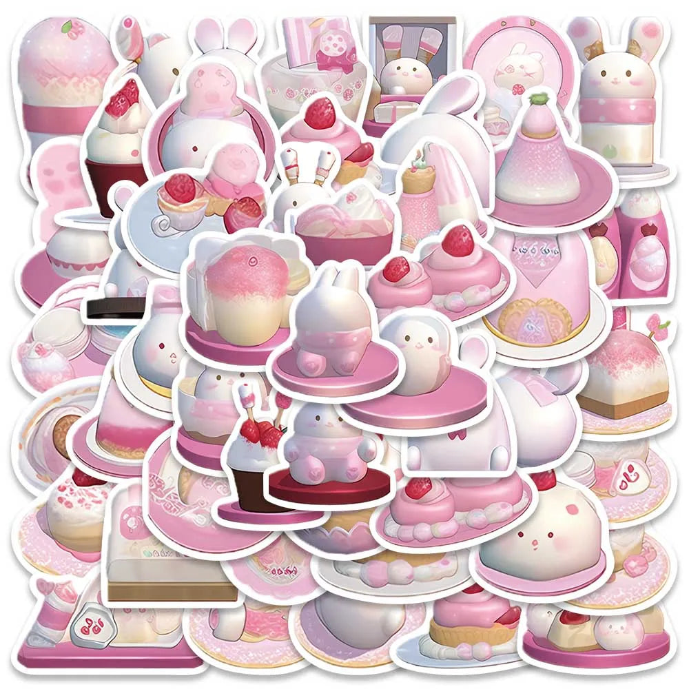 49pcs Cute Cartoon Pink Pudding Rabbits Stickers Vinyl Laptop Decals Luggage Phone Guitar Skateboard Waterproof Graffiti (ONLINE ORDER ONLY)
