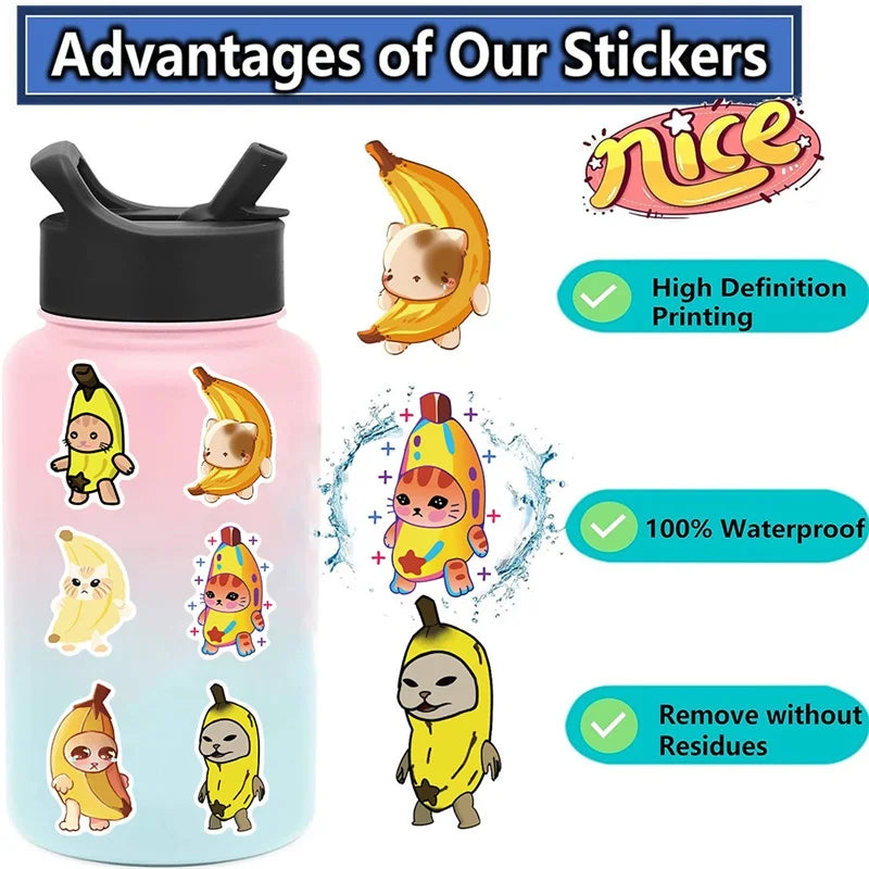 50PCS Cartoon Banana Cat PVC Sticker Aesthetic DIY Children's Decoration Scrapbooking Stationery Hand Accounting Supplies (ONLINE ORDER ONLY)