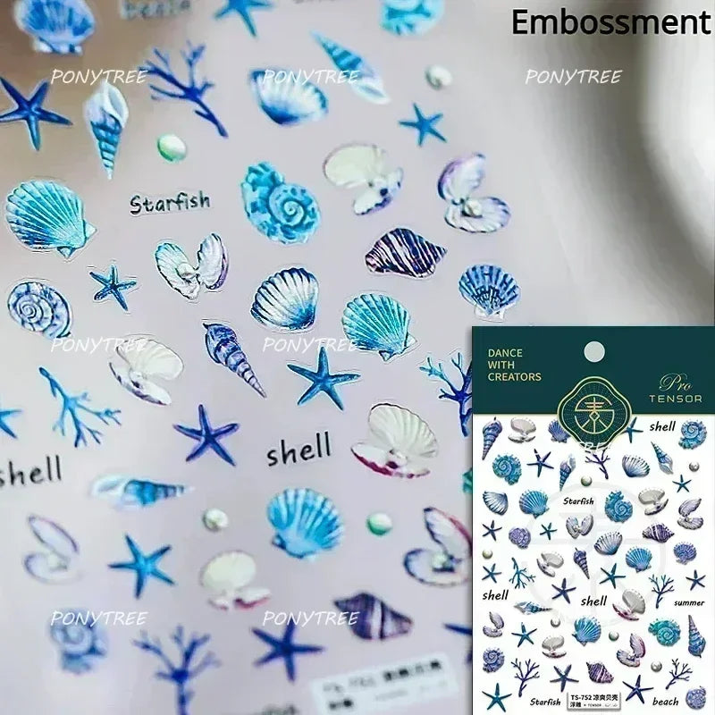 Hot Stamping Laser Shell Conch Starfish Pearl Whale Coral Dolphin Summer Beach Sea Wave Jellyfish Bubble Nail Art Stickers Decal (ONLINE ORDER ONLY)