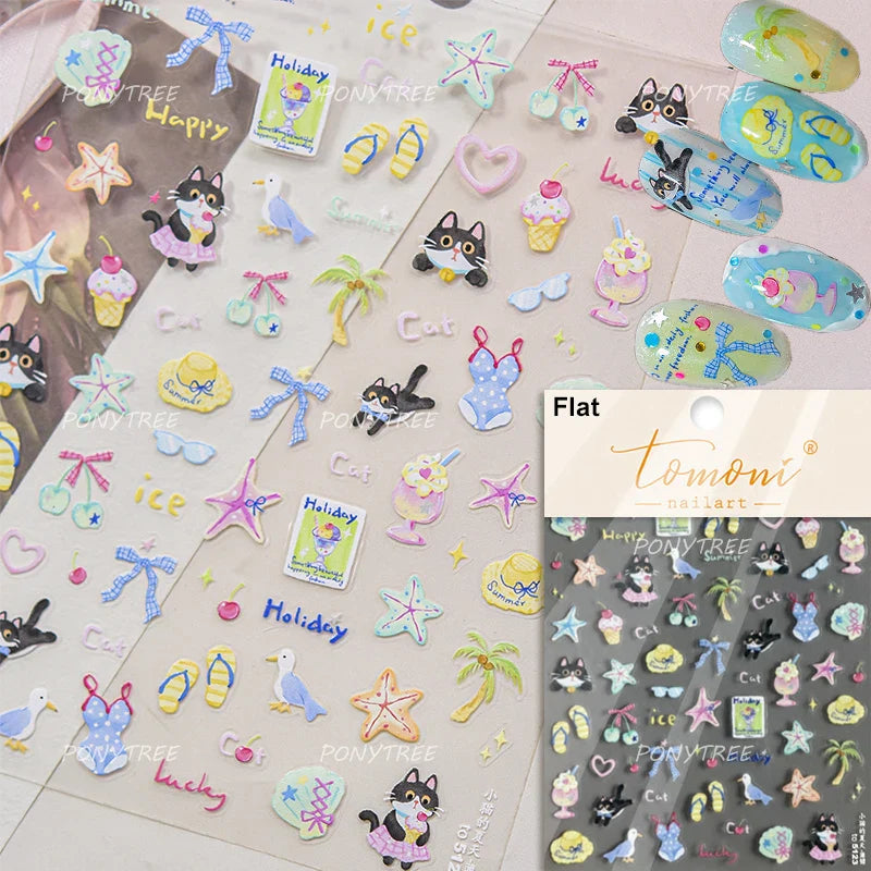 Summer Beach Bikini Watermelon Duck Cat Ice Cream Shell Coconut Tree Cherry Starfish Sunglasses Nail Art Sticker Manicure Decals (ONLINE ORDER ONLY)