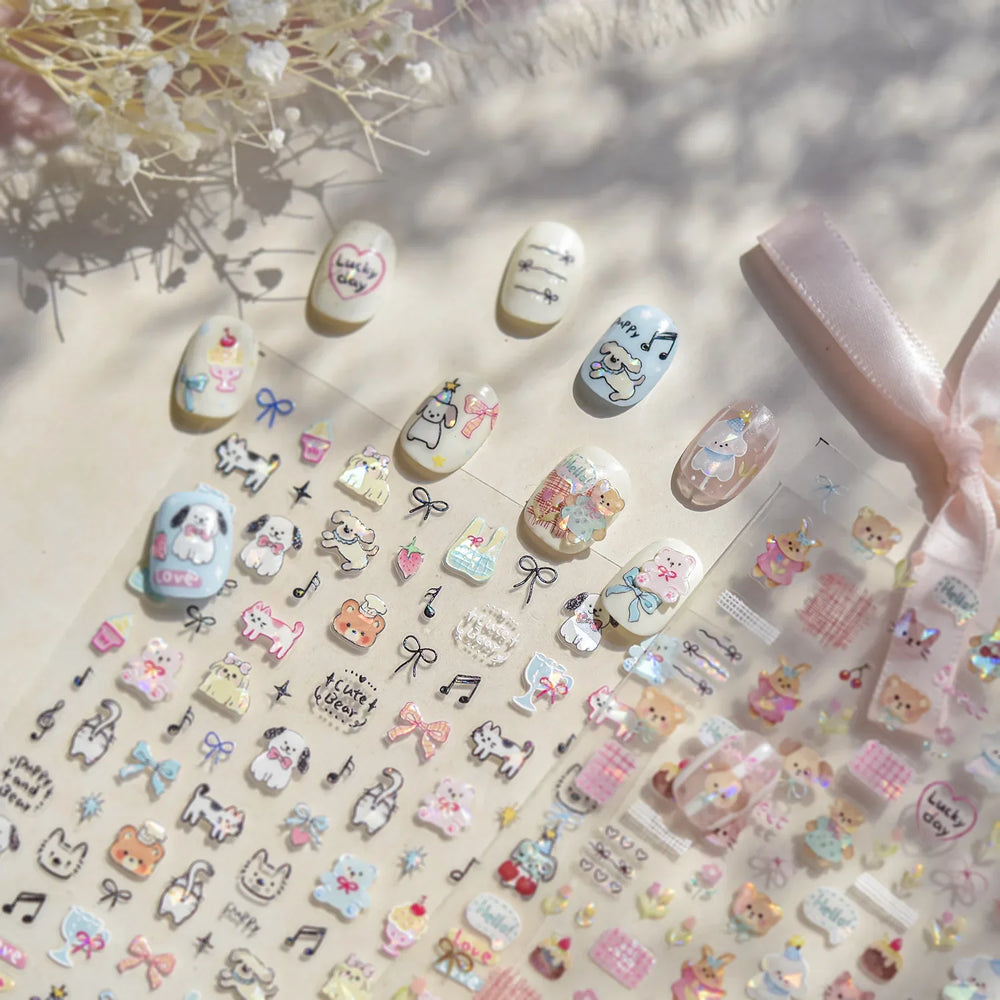 Lovely Animals Cat Dog Bear Party Puppy Kitten Cake Bowknot Flower Love Heart Lace Gird Adhesive Nail Art Sticker Manicure Decal (ONLINE ORDER ONLY)