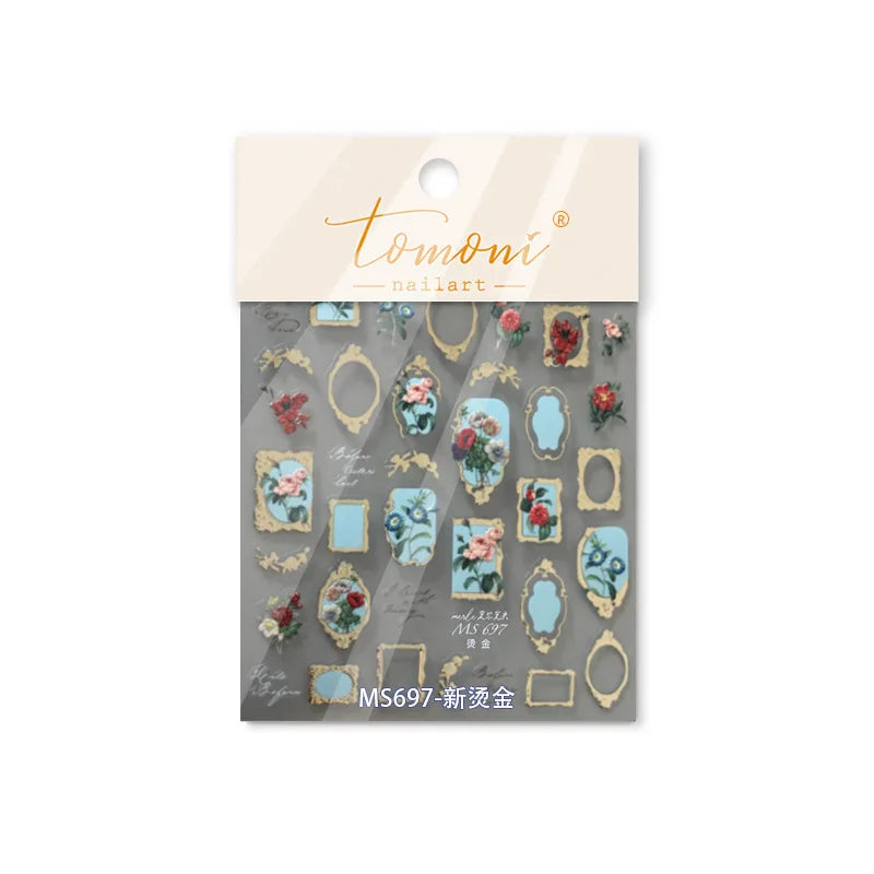 Chic Retro Rose Photo Frame Dried Flower Petal Self Adhesive Nail Art Stickers 5D Hot Stamping Relief Rhinestone Manicure Decals (Online Order Only)