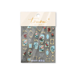 Chic Retro Rose Photo Frame Dried Flower Petal Self Adhesive Nail Art Stickers 5D Hot Stamping Relief Rhinestone Manicure Decals (Online Order Only)
