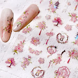 Romantic Pink Peach Blossom Tower Circular Fan Hollowed Window Tassel Pendant Antique Tree Chic Nail Art Stickers Manicure Decal (ONLINE ORDER ONLY)