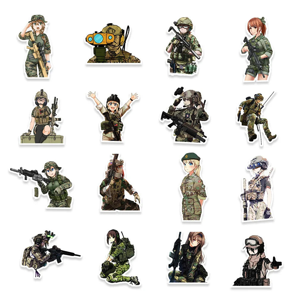 10/30/50pcs Anime Camouflage Female Military Uniform Girls Stickers Laptop Motorcycle Skateboard Phone Wall Sticker Kids Toys (ONLINE ORDER ONLY)
