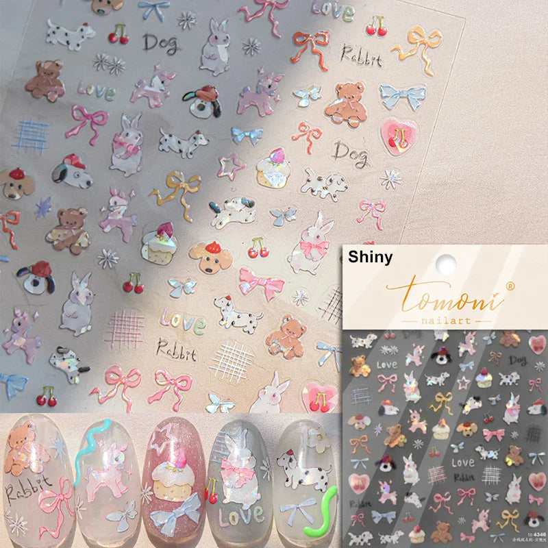 Cream Wind Cat Rabbit Kitten Bunny Bowknot Flower Butterfly Cake Cherry Tulip 5D Self Adhesive Nail Art Stickers Manicure Decals (Online Order Only)