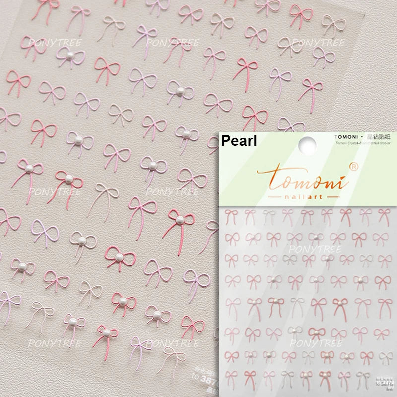 Chic Shiny Lace Pink Black White Bowknot Pearl Rhinestones Charming 3D Self Adhesive Nail Art Decoration Sticker Manicure Decals (Online Order Only)
