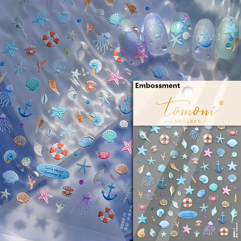 Summer Beach Dreamy Water Bubble Mermaid Shell Conch Starfish Jellyfish Soft Relief Decoration Nail Art Stickers Manicure Decals (ONLINE ORDER ONLY)