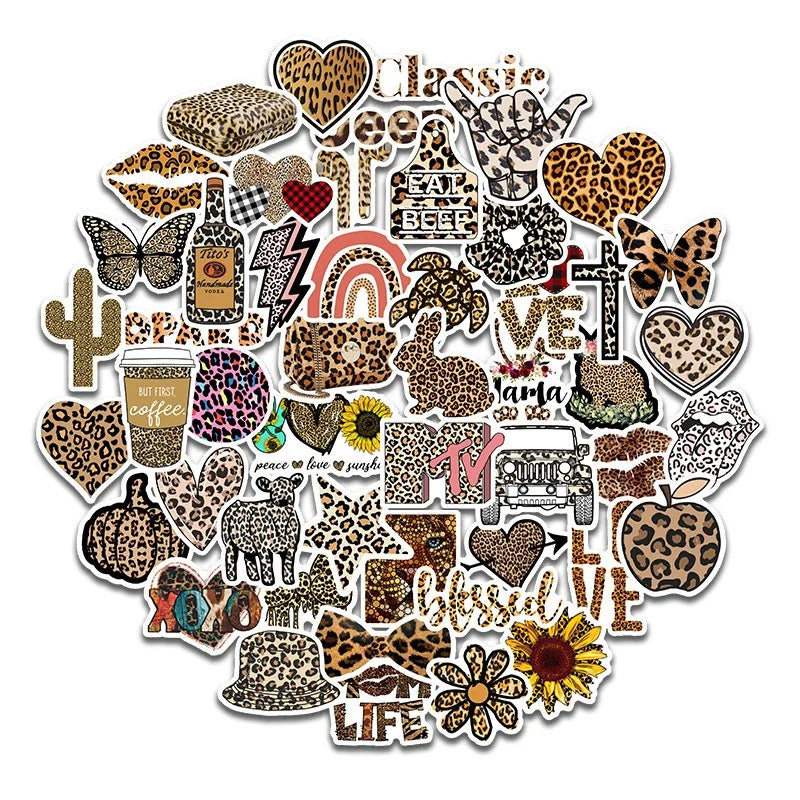 50pcs Leopard Print Cartoon Stickers for Laptop, Phone, Scooter, Suitcase, Stationery, Refrigerator (ONLINE ORDER ONLY)