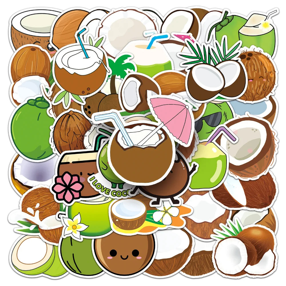50PCS Summer Fruit Coconut Stickers for Phone Suitcase Scrapbook Scrapbooking Material Hawaii Sticker DIY Sticker (Online Order Only)