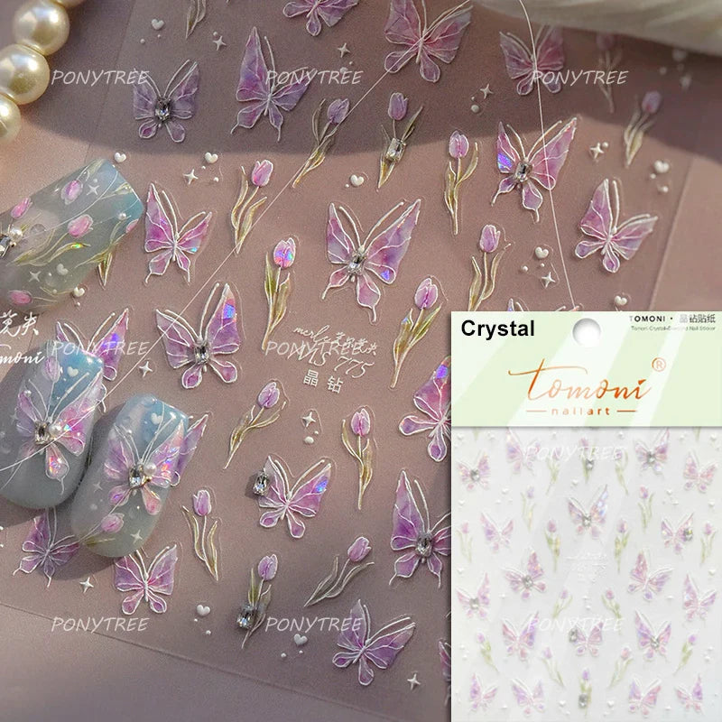 Retro Border Colourful Pink Purple Tulip Flower Bouquet Garden Fragrant 5D Soft Relief Adhesive Nail Art Sticker Manicure Decals (ONLINE ORDER ONLY)