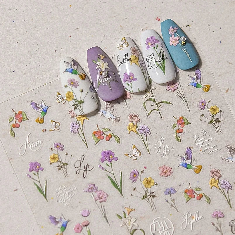 Hummingbird Iris Butterfly Peony Rose Tulip Daisy Lily Flowers Morning Glory Pearl Rhinestones Nail Art Sticker Decoration Decal (ONLINE ORDER ONLY)