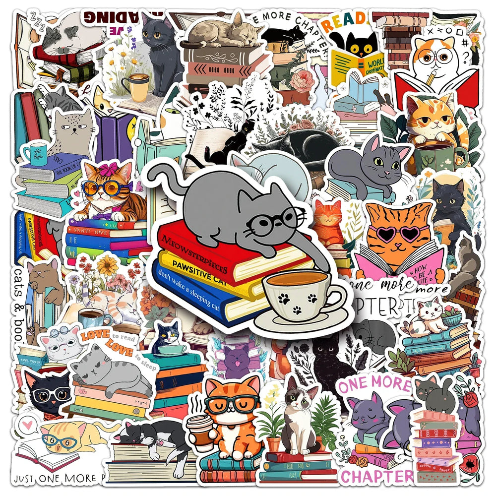 50Pcs Cat Reading Cartoon Waterproof Vinyl Stickers for Skateboard Snowboard (ONLINE ORDER ONLY)