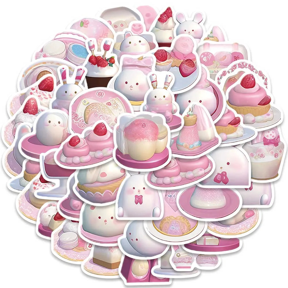 49pcs Cute Cartoon Pink Pudding Rabbits Stickers Vinyl Laptop Decals Luggage Phone Guitar Skateboard Waterproof Graffiti (ONLINE ORDER ONLY)