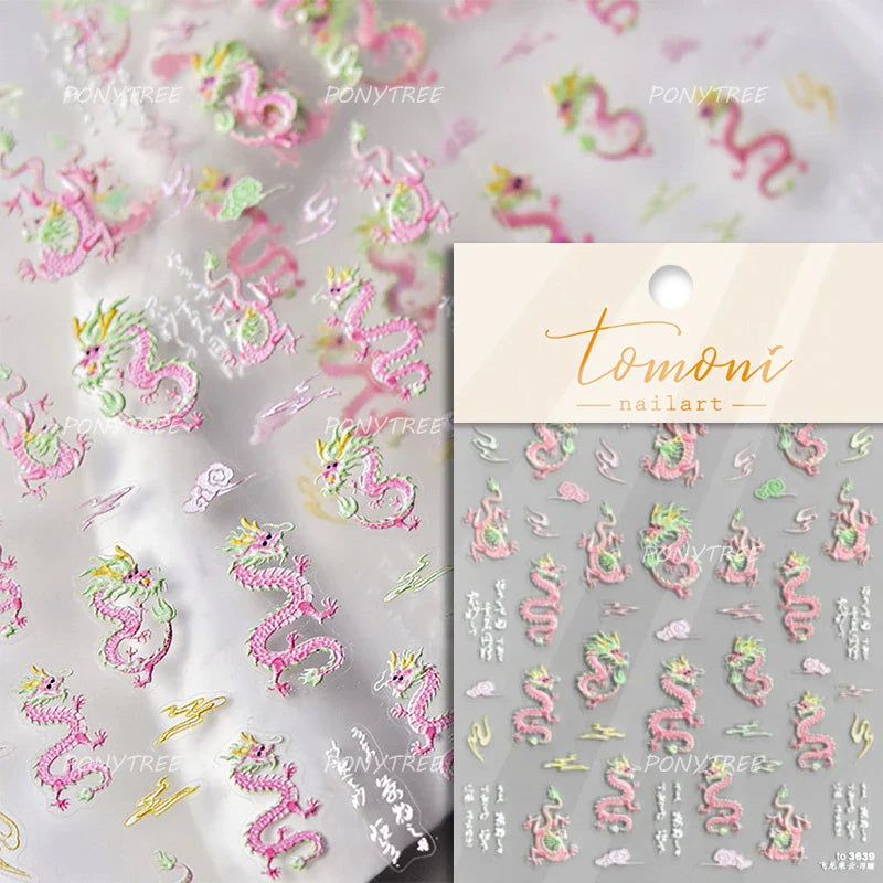 Chinese Dragon Auspicious Beast Mythological Legend Noble Loong Blue Pink Soft Relief Adhesive Nail Art Sticker Manicure Decals (ONLINE ORDER ONLY)