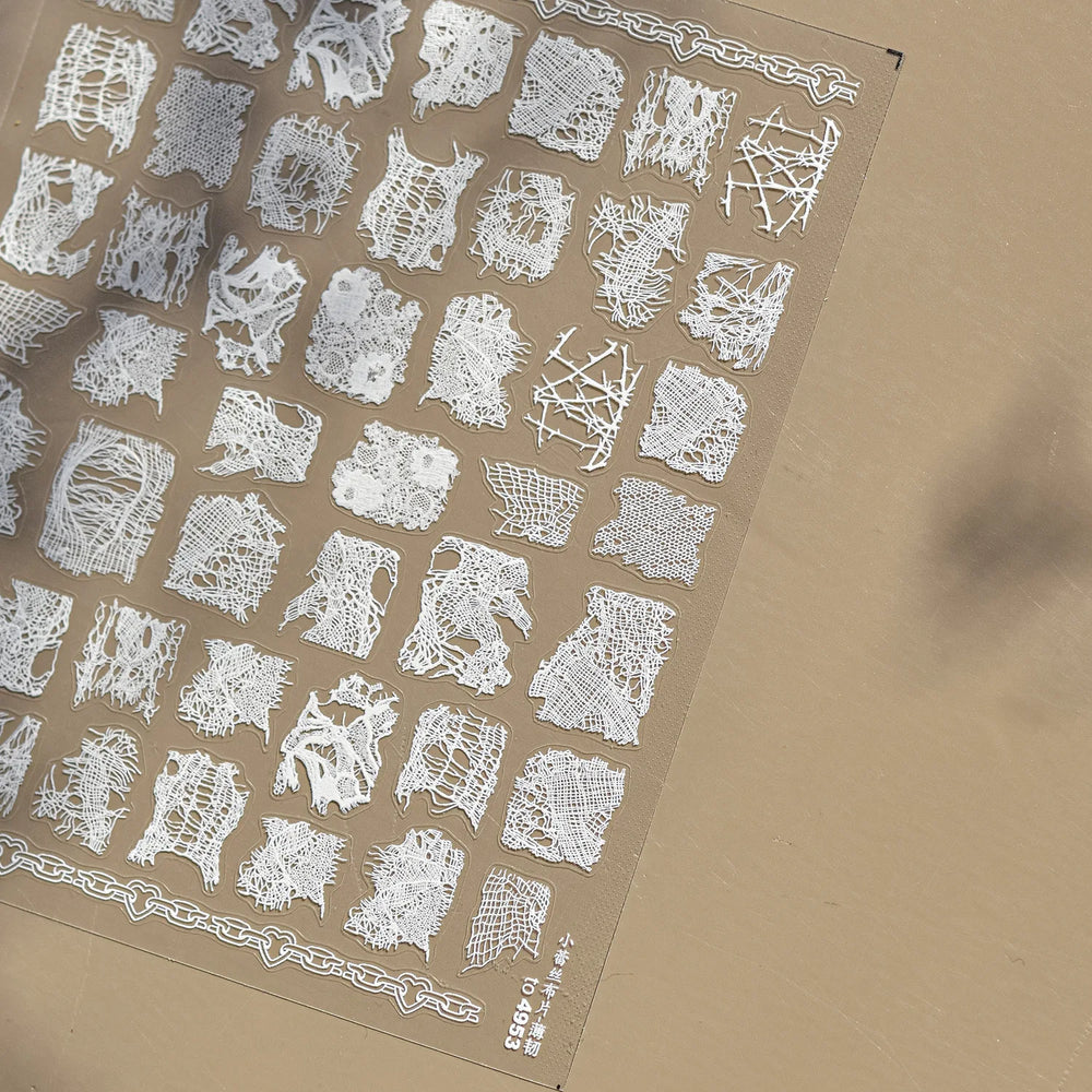 Retro White Lace Fabric Piece Bowknot English Letter Decorative Border Irregular Cloth Block Adhesive Nail Art Stickers Decals (ONLINE ORDER ONLY)