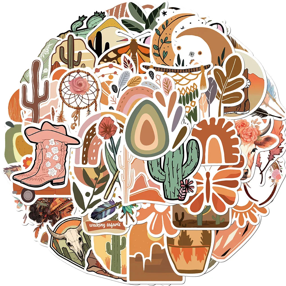 50pcs Retro Boho Stickers For Laptop Luggage Stationery Scrapbook Travel Diary Sticker Vinyl Waterproof Graffiti Decals (ONLINE ORDER ONLY)