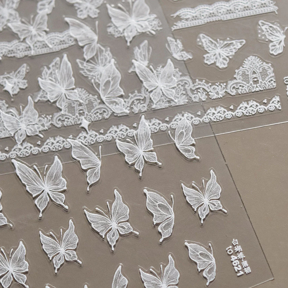 Chic Beautiful White Butterfly Shiny Lace Star Adhesive Nail Art Stickers Animals Charm Snowflake Manicure Decals Nail Supplies (Online Order Only)