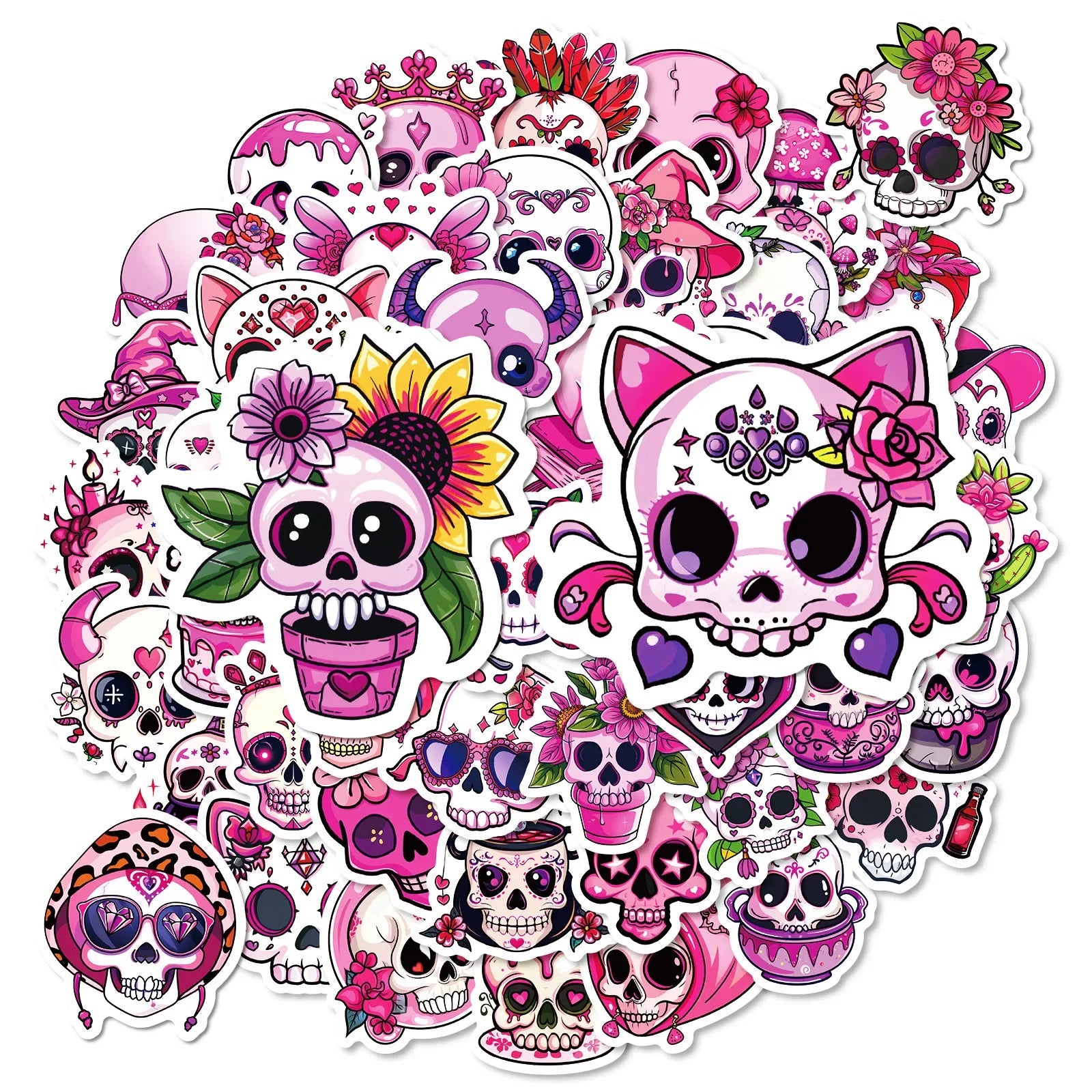 Pink Skull Heart Halloween Stickers for Phone Laptop Luggage Skateboard 10/30/50PCS (Online Order Only)