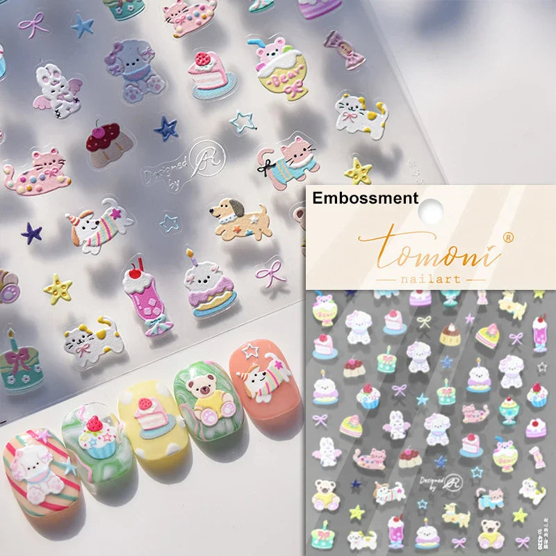 Chic Cute Cheese Ice Cream Pudding Bowknot Strawberry Muffin Stars Cake Embossed Heart Adhesive Nail Art Sticker Manicure Decals (ONLINE ORDER ONLY)