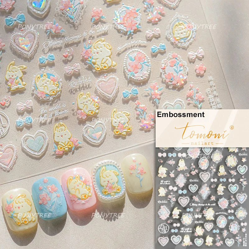Cute Animals Bear Dog Cake Sweet Cherry Grid Bowknot Star Line Fruit Relief Self Adhesive Nail Art Stickers 3D Manicure Decals (ONLINE ORDER ONLY)
