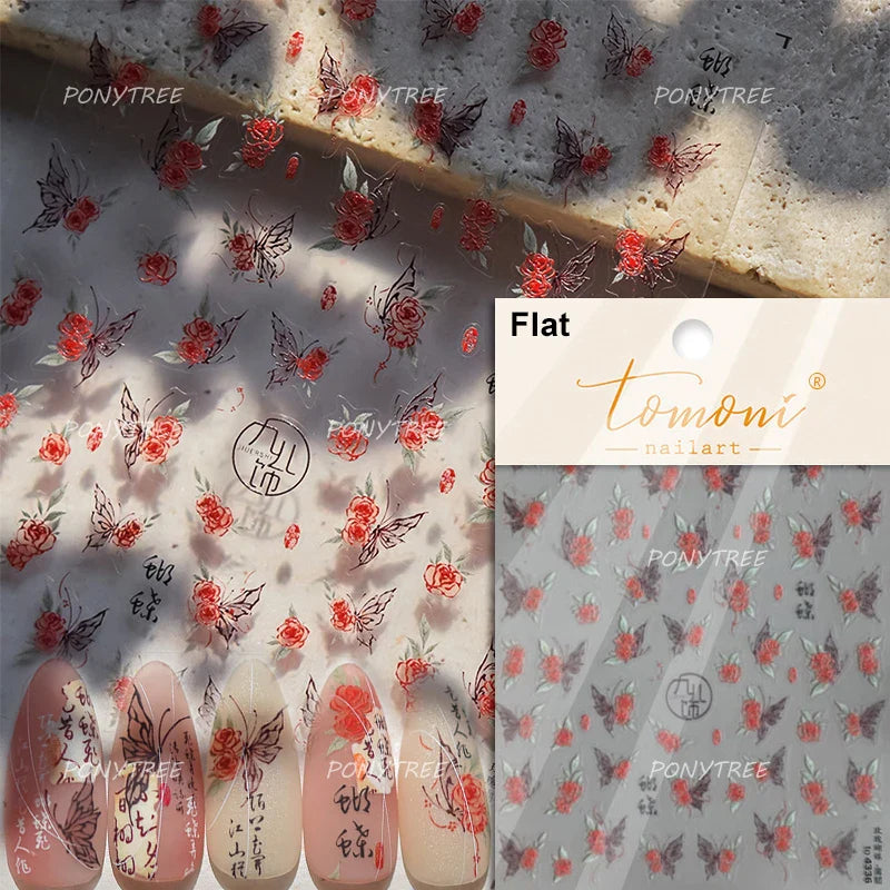 Retro Chinese Characters Charming Rich Peony Delicate Rose Flowers Soft Relief Adhesive Nail Art Stickers Chic Manicure Decals (ONLINE ORDER ONLY)