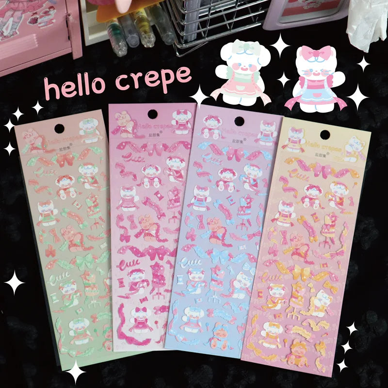 6/8pcs Kawaii Ribbon Rabbit Decorative Sticker Set Girls Scrapbooking Idol Card DIY Diary Album Collage Material Korean Stickers (ONLINE ORDER ONLY)