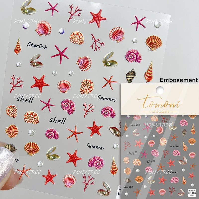Pink Star Oceanic Shell Starfish Conch Bowknot Embossment Shiny Delicate 5D Chic Self Adhesive Nail Art Stickers Manicure Decals (Online Order Only)