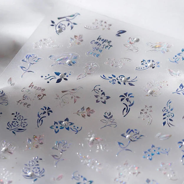 Blue Flower Vivid Bird Hope Can Set You Free Magpie Leaf Pearl Letter Adhesive Nail Art Sticker Aesthetic Beauty Manicure Decal (ONLINE ORDER ONLY)