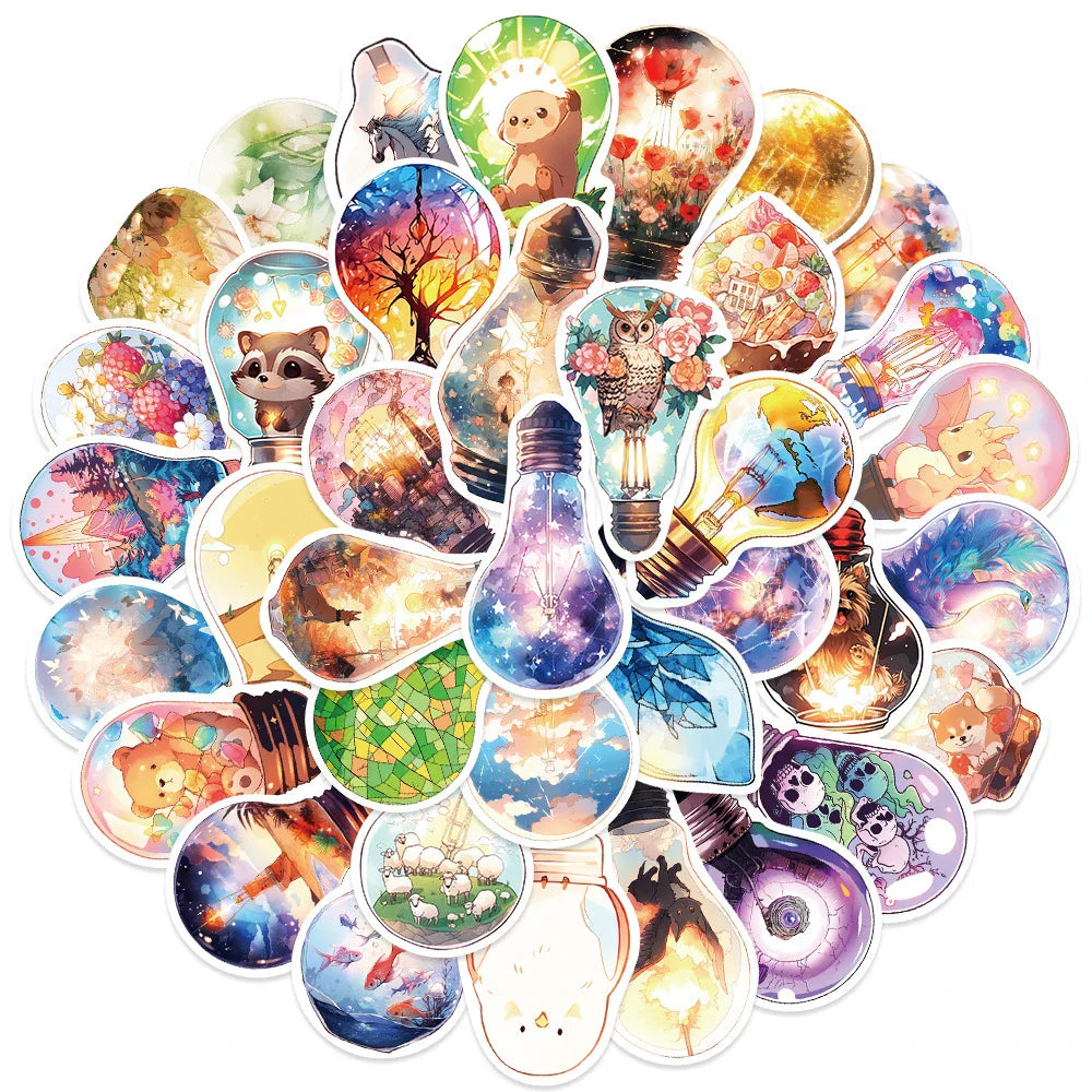 10/30/50pcs Cute World In Bulb Cartoon Stickers Aesthetic Decals Laptop Phone Suitcase Phone Car Decoration Sticker Kids Toys (ONLINE ORDER ONLY)