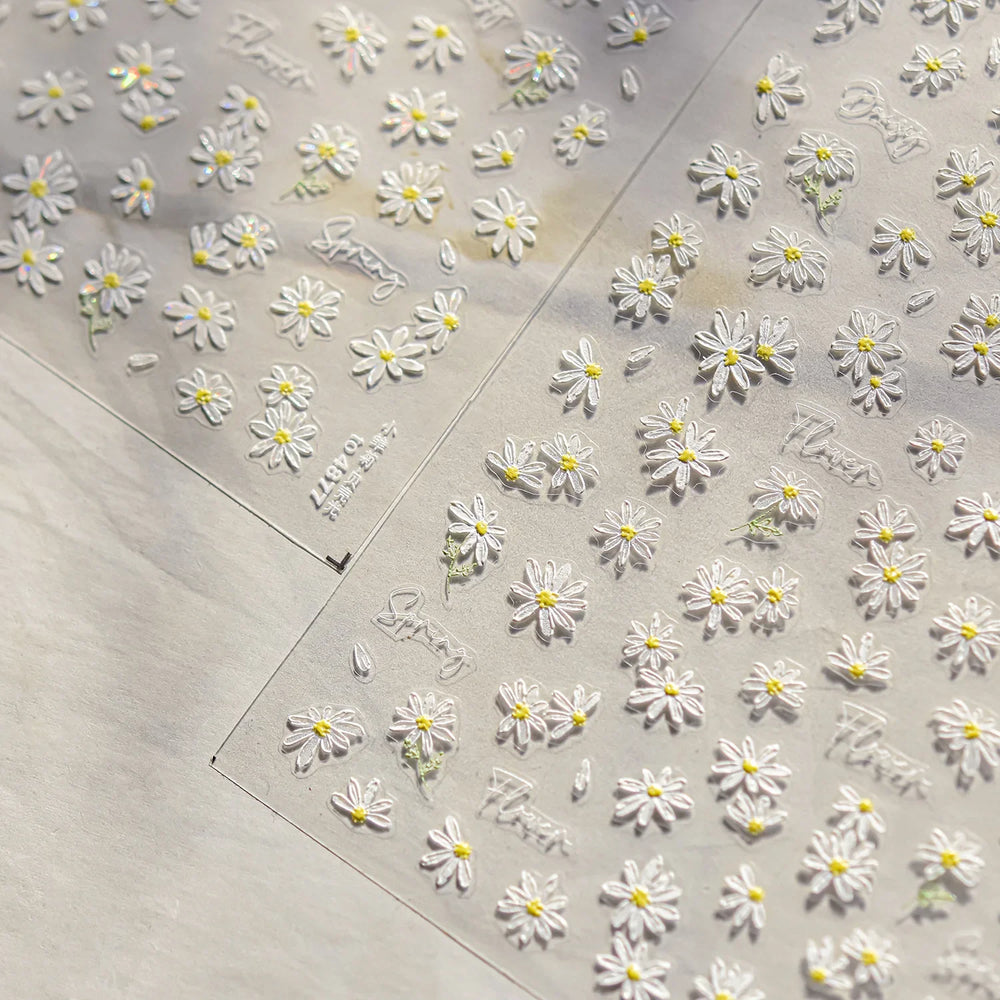 Cute Beige Yellow Pristine Fresh Daisy Flower 5D Shiny Soft Embossed Relief Charm Self Adhesive Nail Art Stickers Manicure Decal (ONLINE ORDER ONLY)