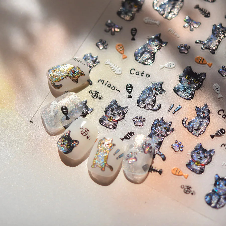 Cute Cat Eye Fishbone Animals Leopard Cat Ginger Cat Kitten Exclamation Point Paw Self Adhesive Nail Art Sticker Manicure Decals (ONLINE ORDER ONLY)