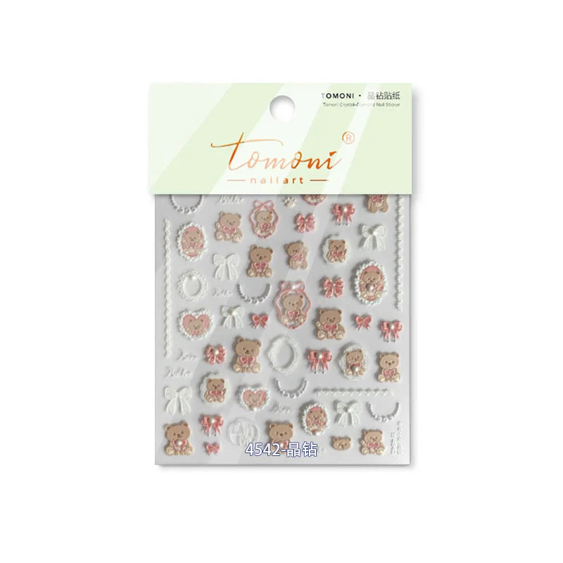 Retro Love Heart White Lace flower Bowknot Tie Pink Bear Flower Strawberry Adhesive Nail Art Stickers Rhinestone Manicure Decals (ONLINE ORDER ONLY)