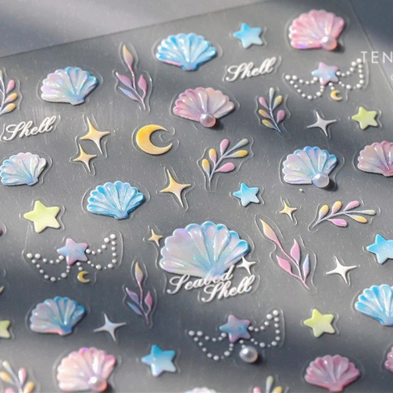 Romantic Pink Blue Shell Sea Grass Star Moon Summer Self Adhesive Nail Art Stickers Leaves Reliefs Manicure Decals Wholesale (ONLINE ORDER ONLY)