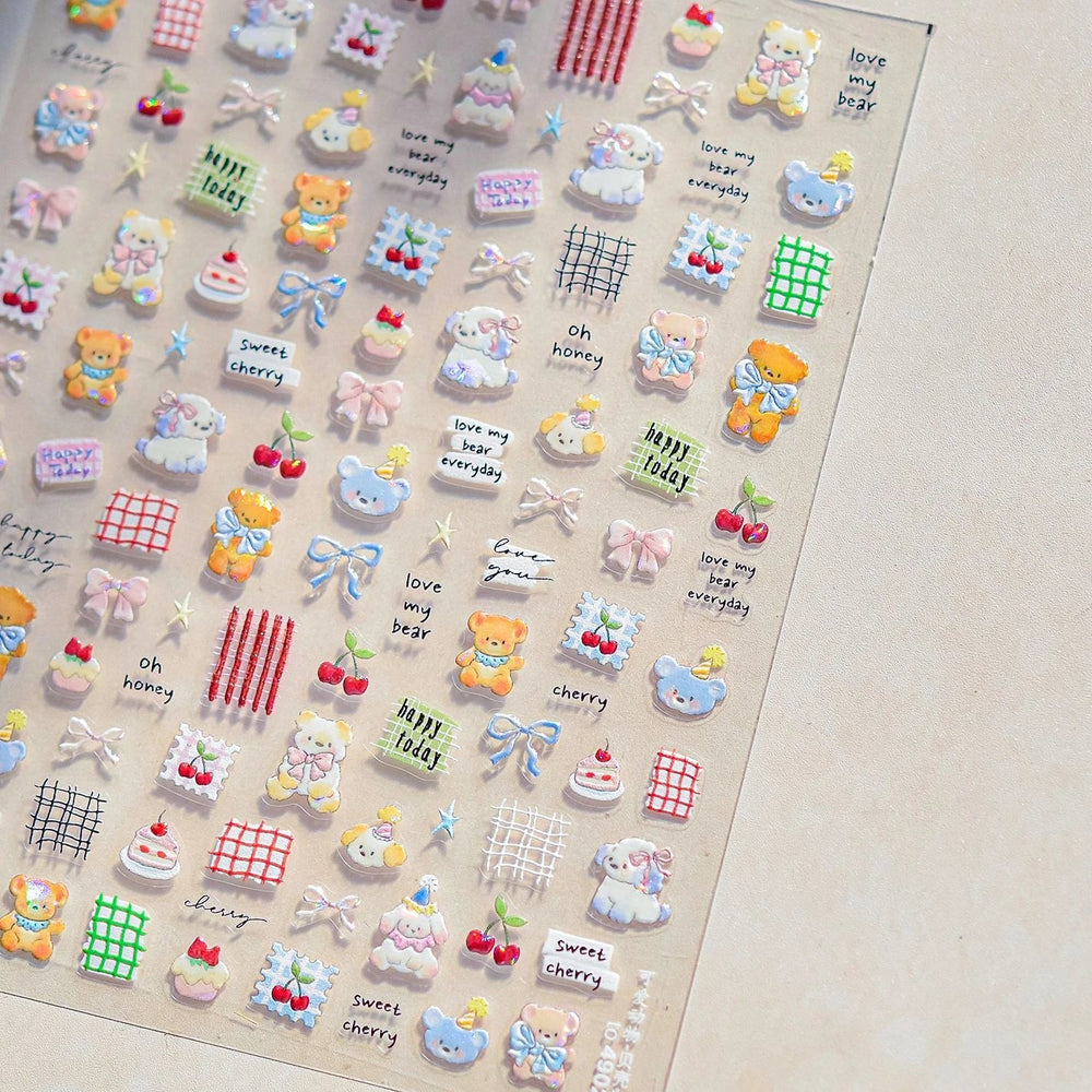 Cute Animals Bear Dog Cake Sweet Cherry Grid Bowknot Star Line Fruit Relief Self Adhesive Nail Art Stickers 3D Manicure Decals (ONLINE ORDER ONLY)