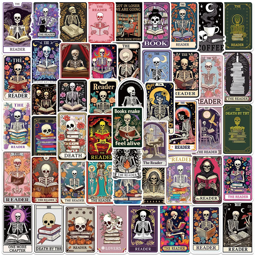 10/50PCS Cool Dark Romance Skull Book Reading Tarot Card Stickers Kindle Aesthetic Scrapbook Fridge Luggage Laptop Phone Sticker (Online Order Only)