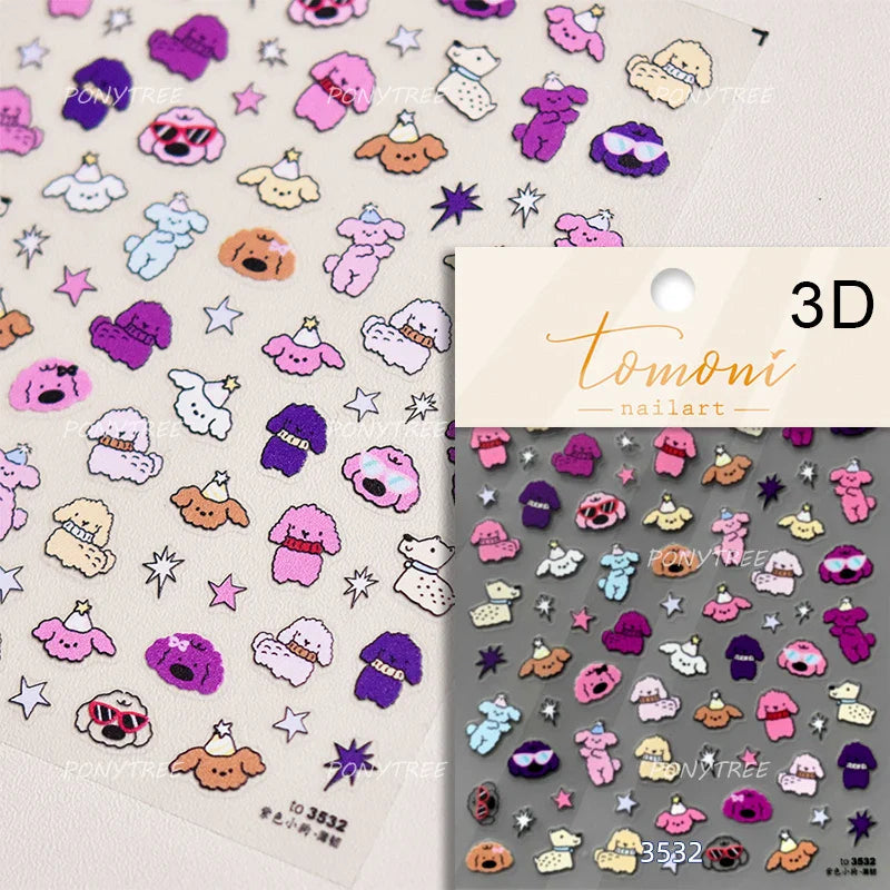 Dyeing Apple Cherry Fruit Dog Puppy Bowknot Colorful Cartoon Graffiti Reliefs Adhesive Nail Art Stickers Flowers Manicure Decals (ONLINE ORDER ONLY)