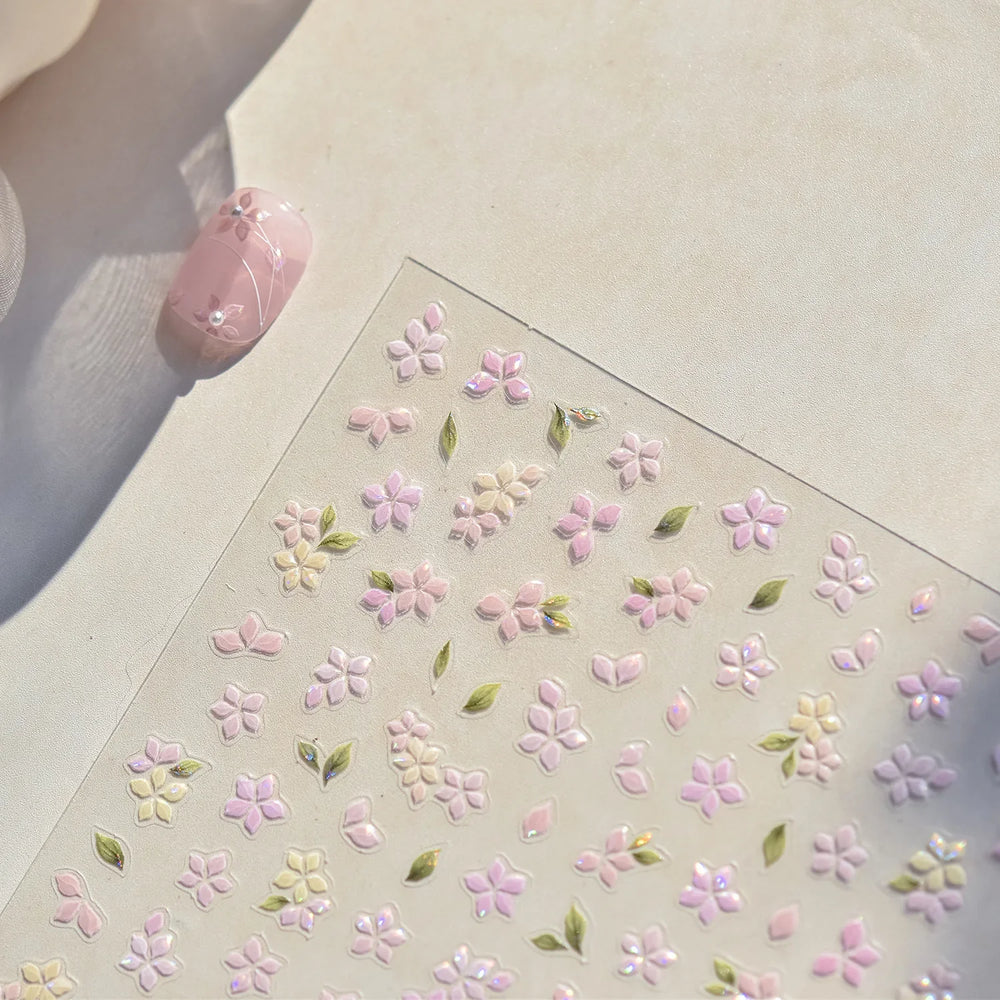 Pink Cherry Blossoms Peach Flower Petal Green Leaf Greenery 5D Embossed Relief Self Adhesive Nail Art Sticker 3D Manicure Decals (ONLINE ORDER ONLY)