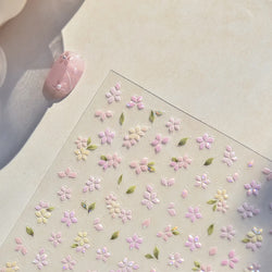 Pink Cherry Blossoms Peach Flower Petal Green Leaf Greenery 5D Embossed Relief Self Adhesive Nail Art Sticker 3D Manicure Decals (ONLINE ORDER ONLY)