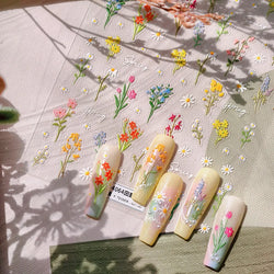 Field Bouquet Canola Flowers Daisy Tulip Garden Lavender Spring Embossed Reliefs Self Adhesive Nail Art Stickers Manicure Decals (ONLINE ORDER ONLY)